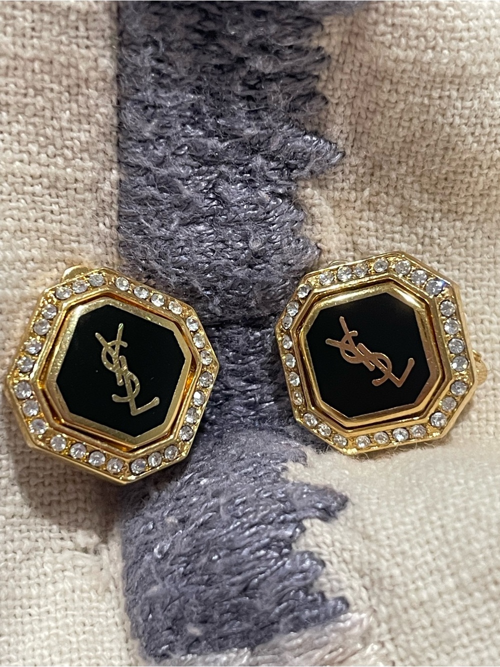 YSL Yves Saint Laurent Vintage Black & Gold Clip On Pendant Earrings w/ Crystals - Picture 3 of 17